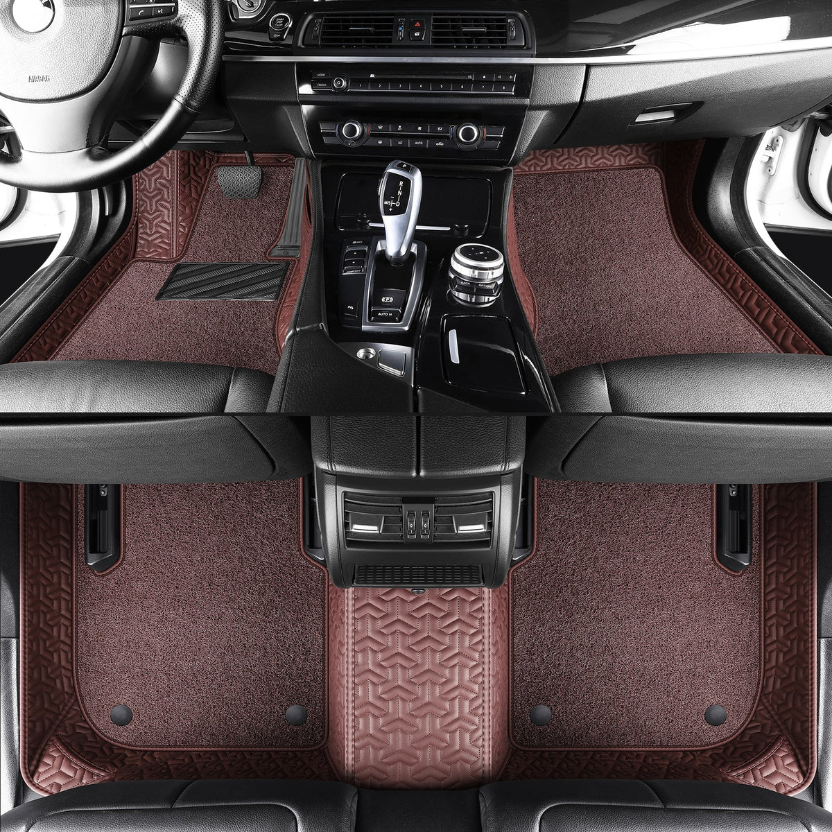Wagroad Y-Pattern Leather Car Mats with Loop Pile Carpet Inserts