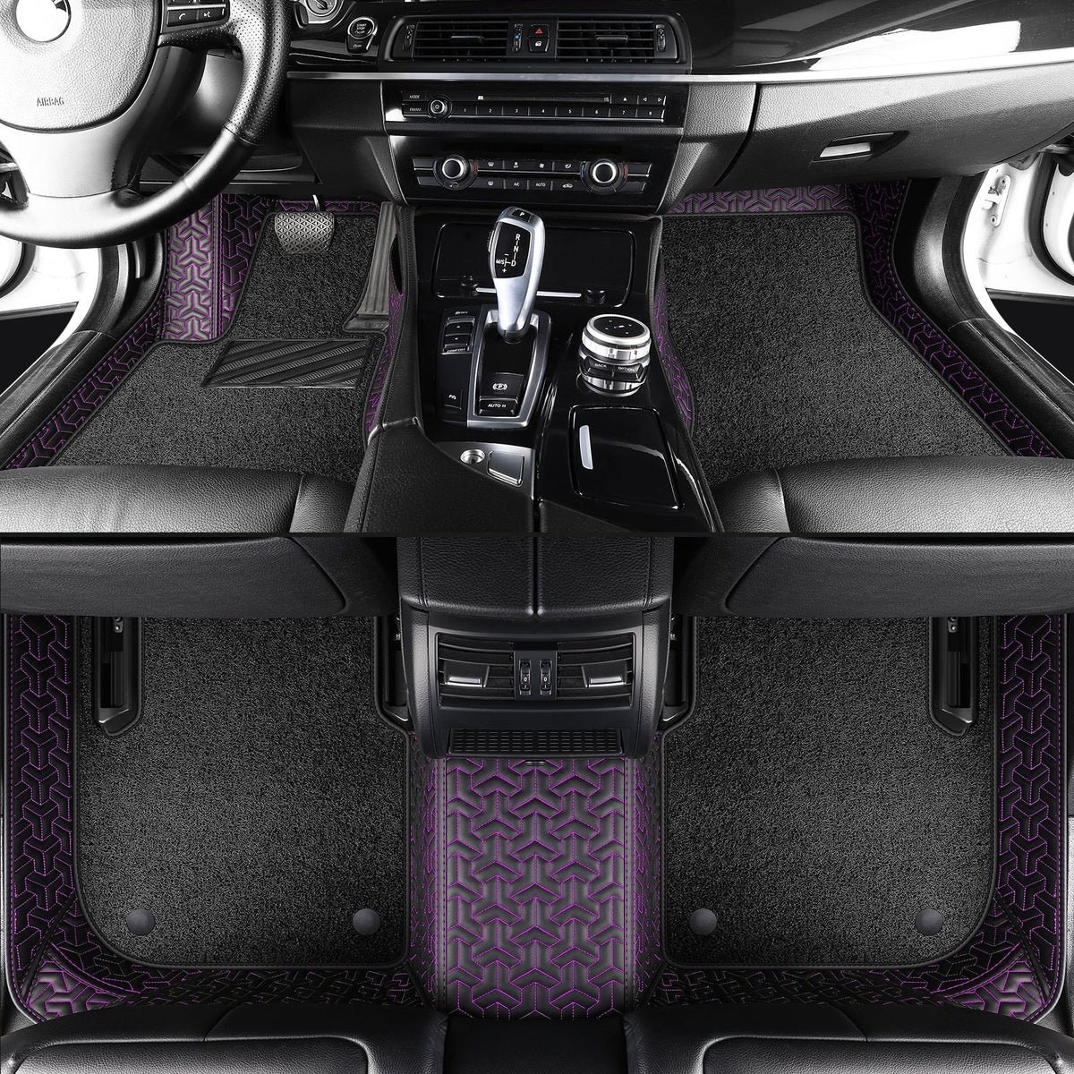 Wagroad Y-Pattern Leather Car Mats with Loop Pile Carpet Inserts