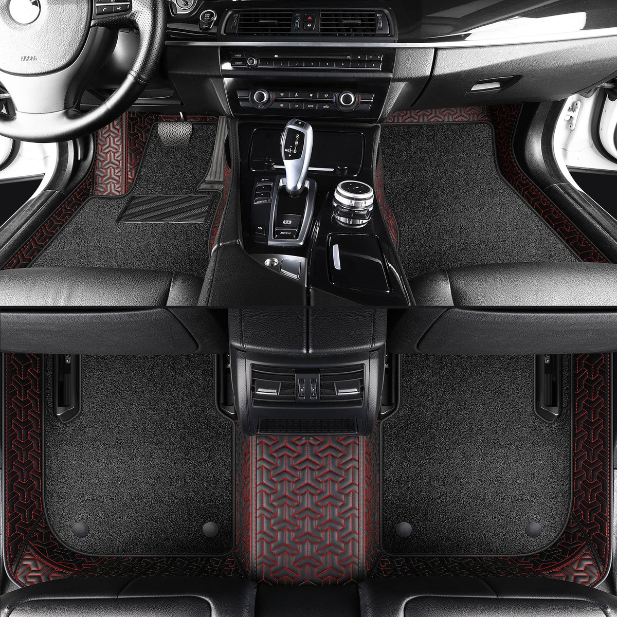 Wagroad Y-Pattern Leather Car Mats with Loop Pile Carpet Inserts
