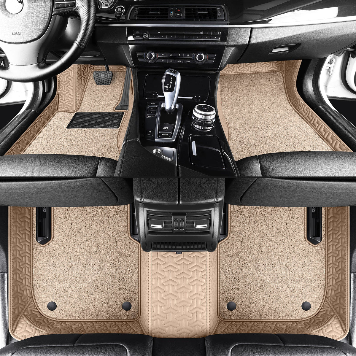 Wagroad Y-Pattern Leather Car Mats with Loop Pile Carpet Inserts