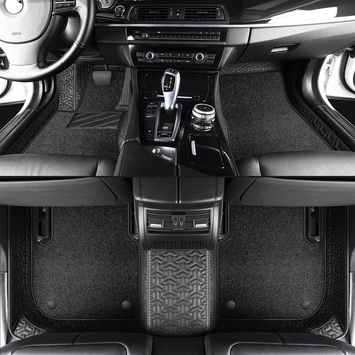 Wagroad Y-Pattern Leather Car Mats with Loop Pile Carpet Inserts