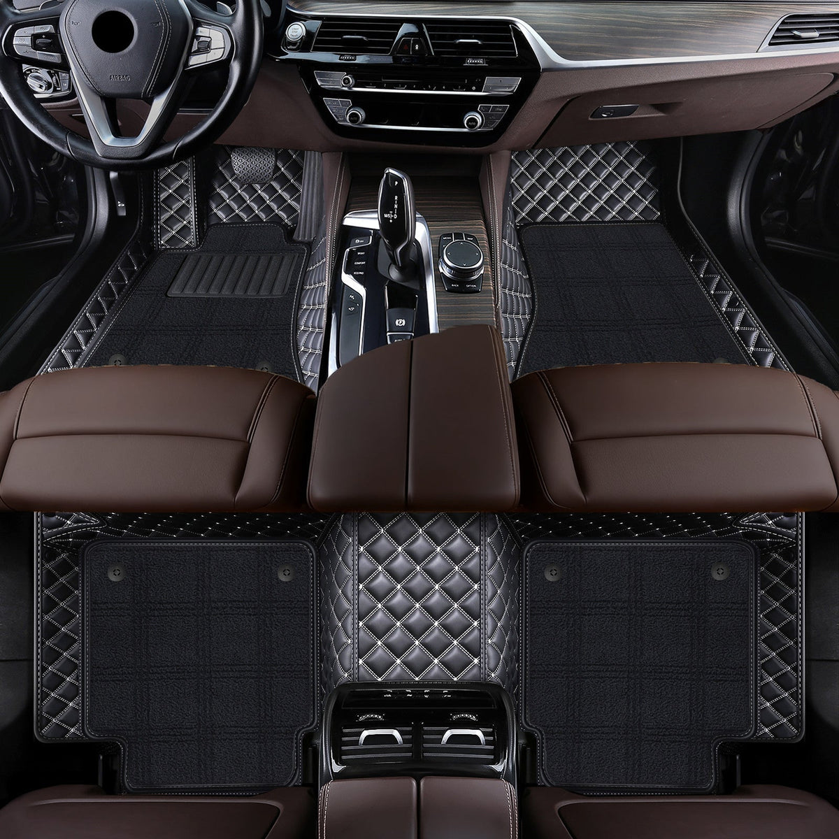 Wagroad Custom-Fit Diamond Leather Car Mats with Carpet Inserts
