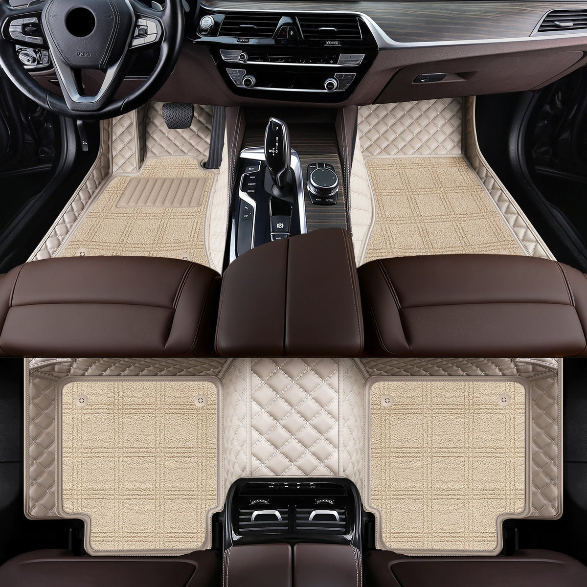 Wagroad Custom-Fit Diamond Leather Car Mats with Carpet Inserts